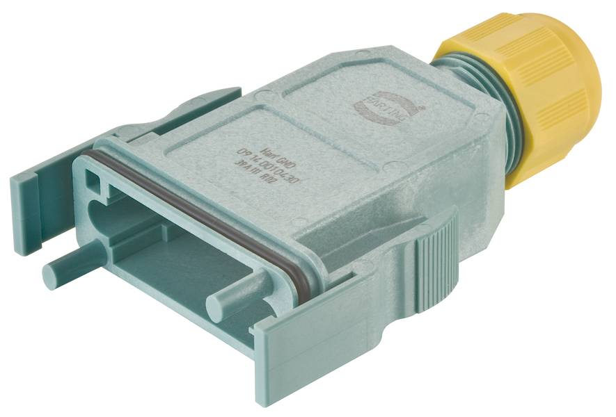 Un boîtier en plastique vert avec un connecteur de câble jaune, utilisé pour connecter en toute sécurité les câbles dans des applications électriques.