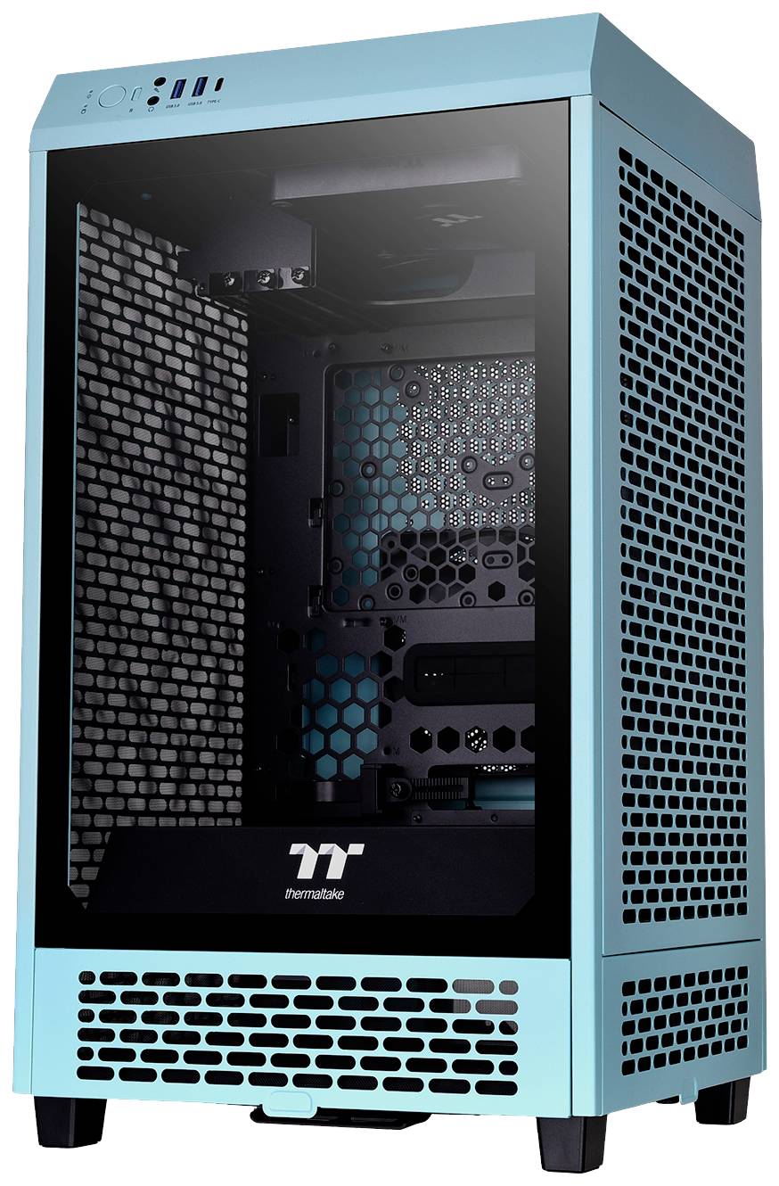 Un boîtier d'ordinateur turquoise avec un panneau avant transparent, révélant un intérieur vide et un design extérieur distinctif en grille.