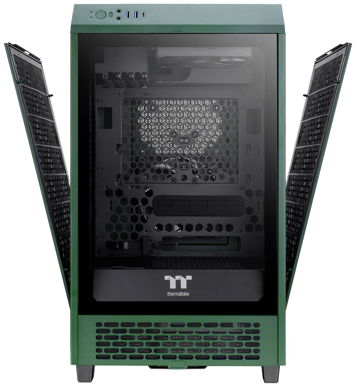 Un boîtier d'ordinateur vert avec deux portes latérales ouvertes, révélant une grille de ventilation intérieure et plusieurs emplacements d'installation.