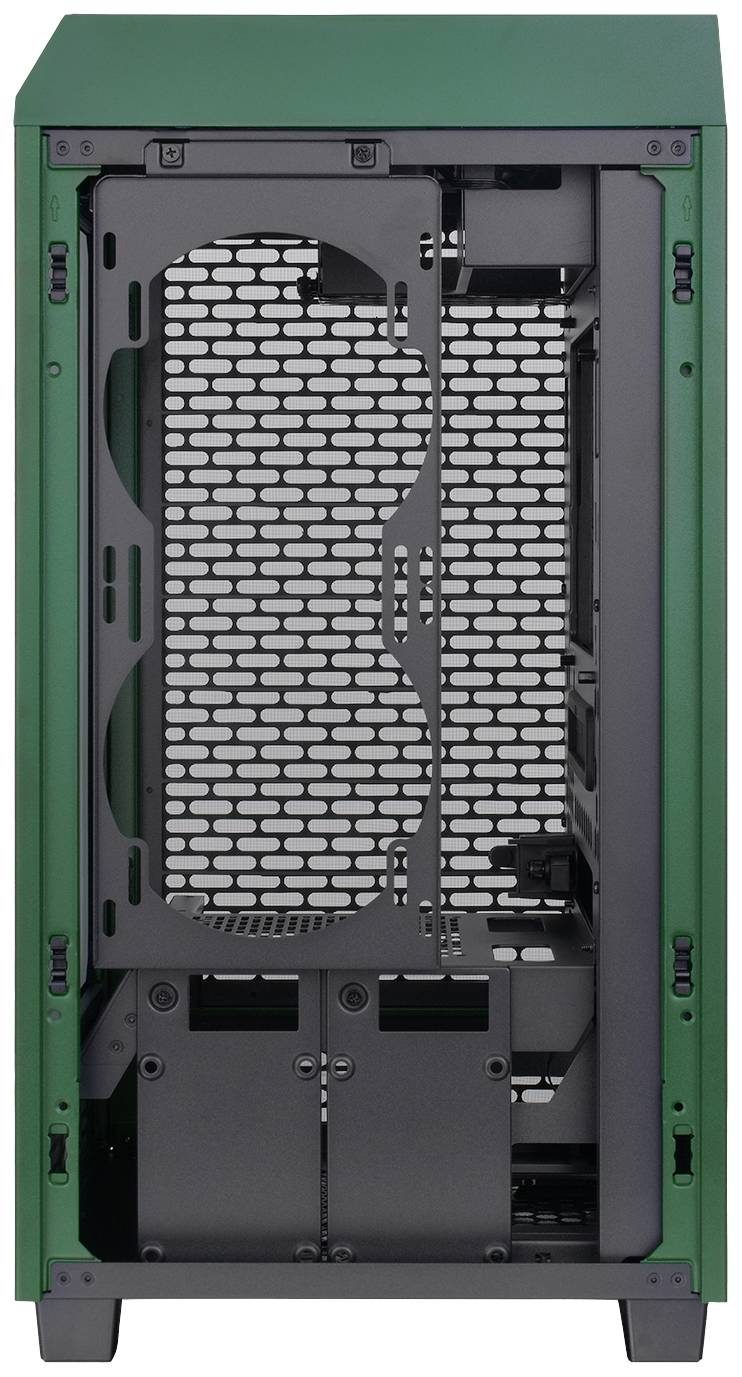 Boîtier d'ordinateur avec un cadre vert et un espace intérieur ouvert, montrant les supports pour composants et les grilles de ventilation, sans pièces installées.