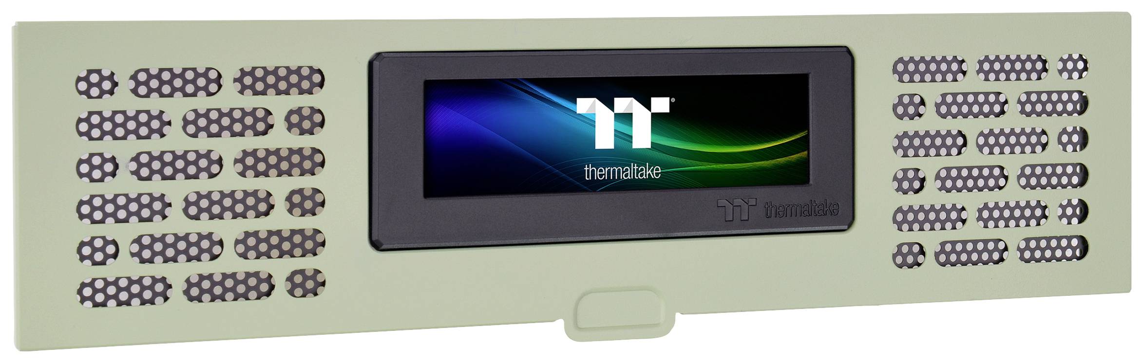 Un écran affichant le logo Thermaltake avec les couleurs Vert, Bleu et Noir. Entouré d'un boîtier translucide.
