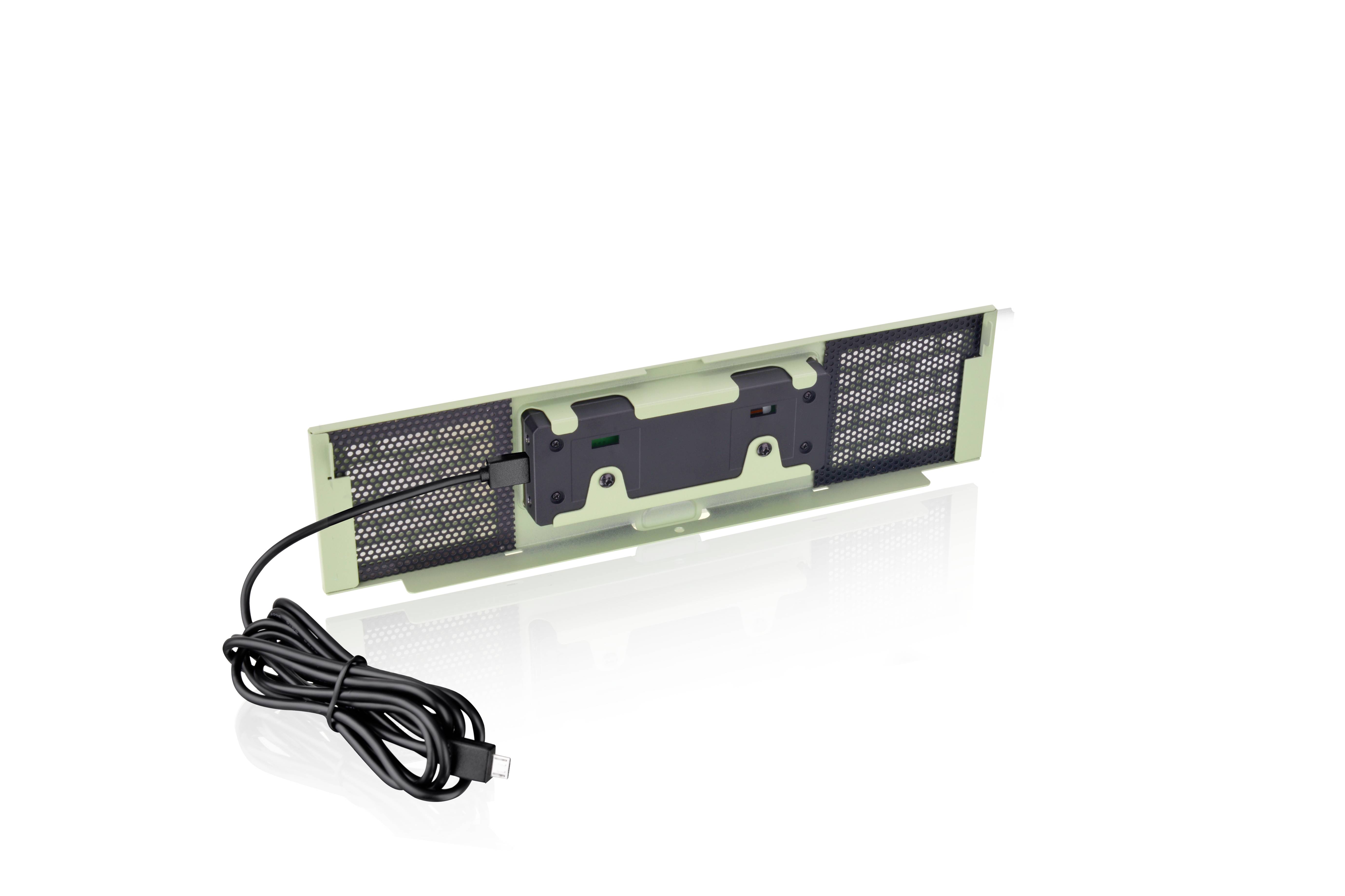 Appareil de ventilation compact et rectangulaire avec câble USB intégré, adapté aux fentes étroites. Idéal pour la ventilation électronique.