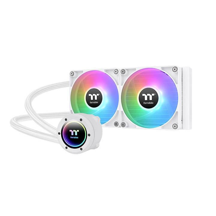 Un dissipateur thermique blanc pour ordinateur avec deux ventilateurs RGB. Le logo Thermaltake brille au centre des ventilateurs et de la pompe de refroidissement.