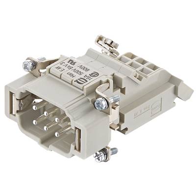 Un connecteur électrique multibroche avec fixations à vis. Des étiquettes et des informations sur le produit sont visibles.
