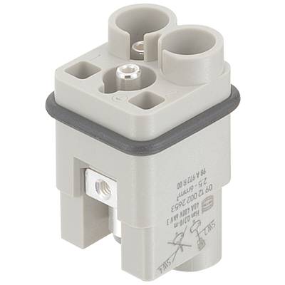 Un connecteur carré en plastique gris avec deux bornes rondes et un joint noir. Il porte des marquages techniques.