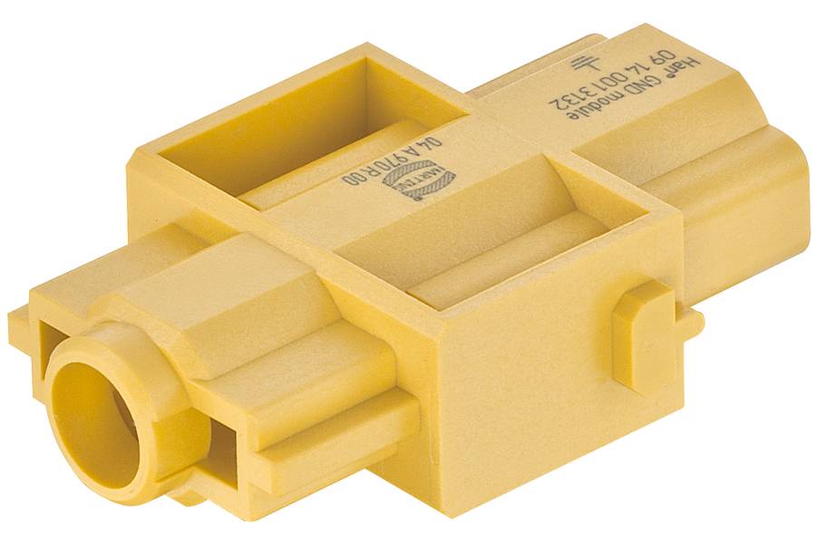 Pièce rectangulaire jaune en plastique avec plusieurs sorties et un numéro partiellement visible. Probablement un connecteur électrique.