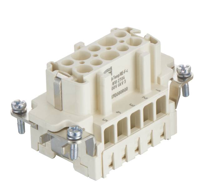 Connecteur multipolaire à plusieurs bornes pour connexion électrique, fixé latéralement par des clips métalliques et des vis.
