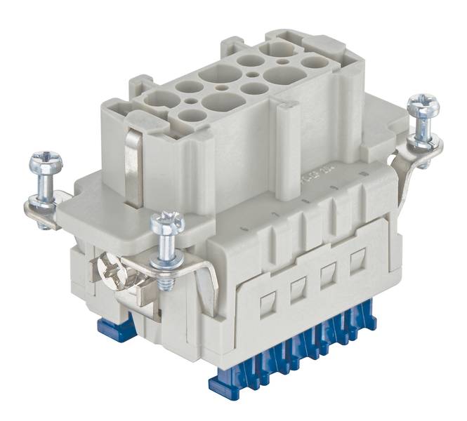 Un connecteur gris industriel avec plusieurs points de connexion, fixé par deux vis. Il présente des contacts bleus sur sa face inférieure.