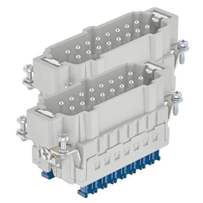 Connecteur gris à deux rangées de broches métalliques, entouré d'un boîtier en plastique et muni de quatre vis de fixation.
