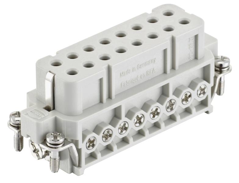 Connecteur électrique gris avec plusieurs bornes de raccordement et fixations par vis, marqué 'Made in Germany'.