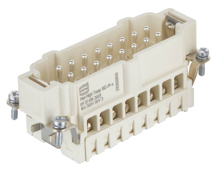 Connecteur industriel beige avec plusieurs broches métalliques et fixations à vis, adapté aux applications à haute température.