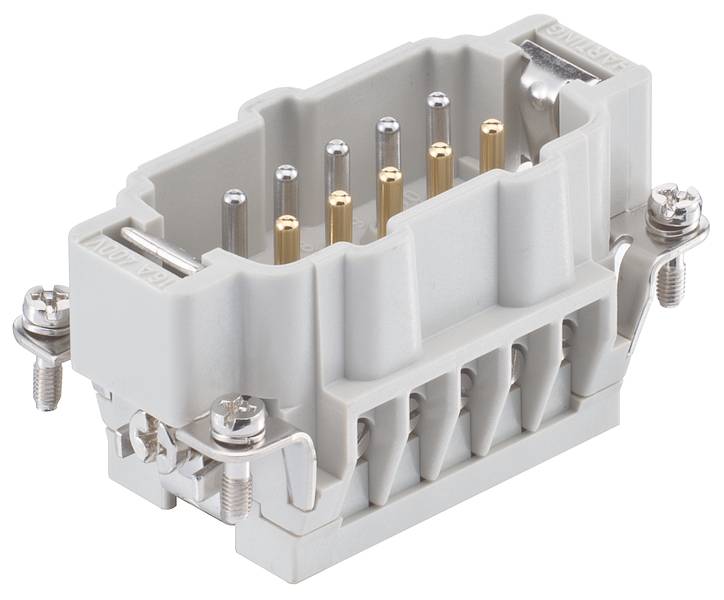 Un connecteur rectangulaire gris avec des vis sur les côtés. Plusieurs contacts métalliques sont visibles. Adapté aux applications industrielles.