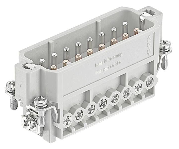 Connecteur avec plusieurs broches métalliques et bornes à vis, portant l'inscription 'Made in Germany, Fabricat en RFA' ; application industrielle.