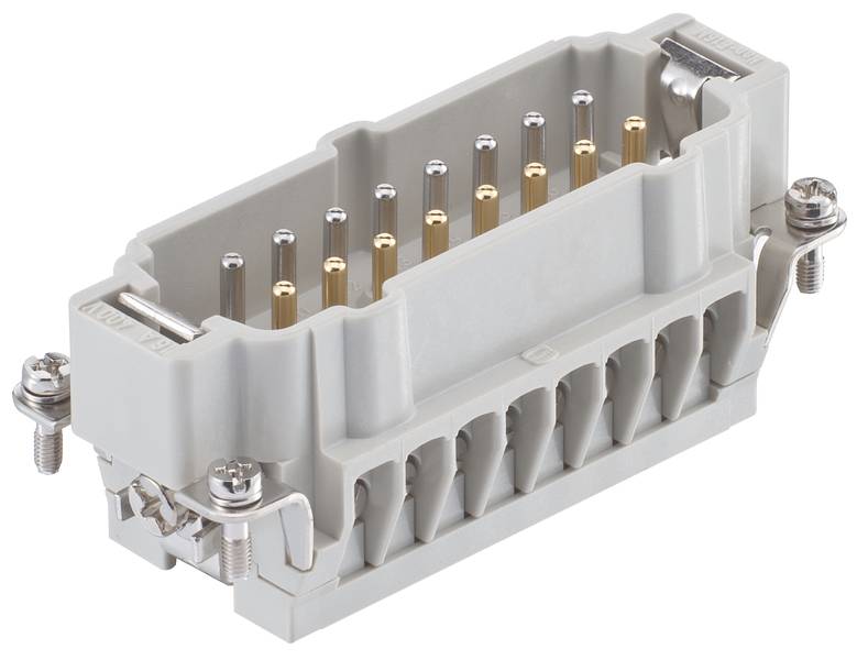 Un connecteur électrique industriel gris avec des contacts métalliques et des vis, adapté aux connexions robustes dans les applications électroniques.