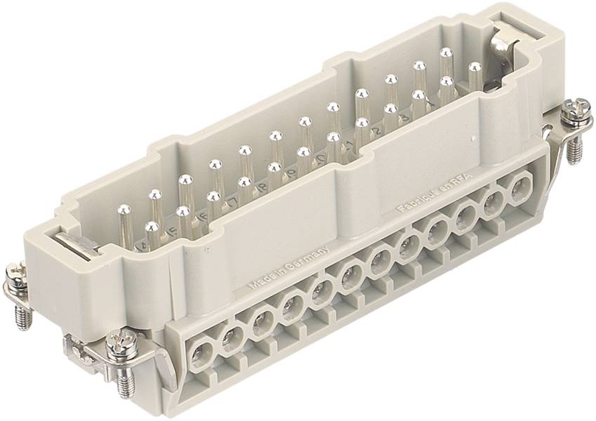 Un connecteur électrique rectangulaire à broches métalliques multiples et boîtier en plastique, utilisé pour des applications industrielles.
