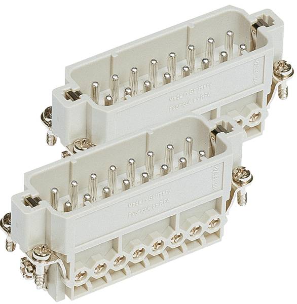 Image de deux connecteurs rectangulaires blancs avec plusieurs broches métalliques, montés l'un sur l'autre. Ils sont fixés avec des vis.
