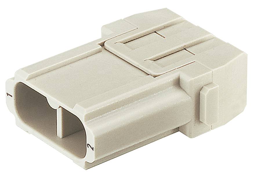 Un connecteur électrique rectangulaire beige avec deux prises. Il est utilisé dans les appareils électroniques pour connecter des câbles.