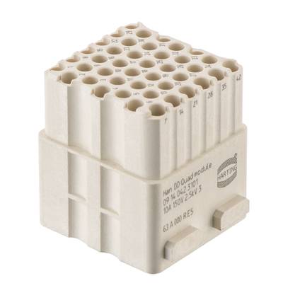Connecteur électrique au design carré, avec de nombreux emplacements ronds en surface. Inscription '10A 250V', marque 'HARTING'.