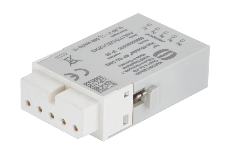 Composant électronique avec connexions, marquage CE et numéro de série sur la face supérieure. Adapté pour les installations électriques.
