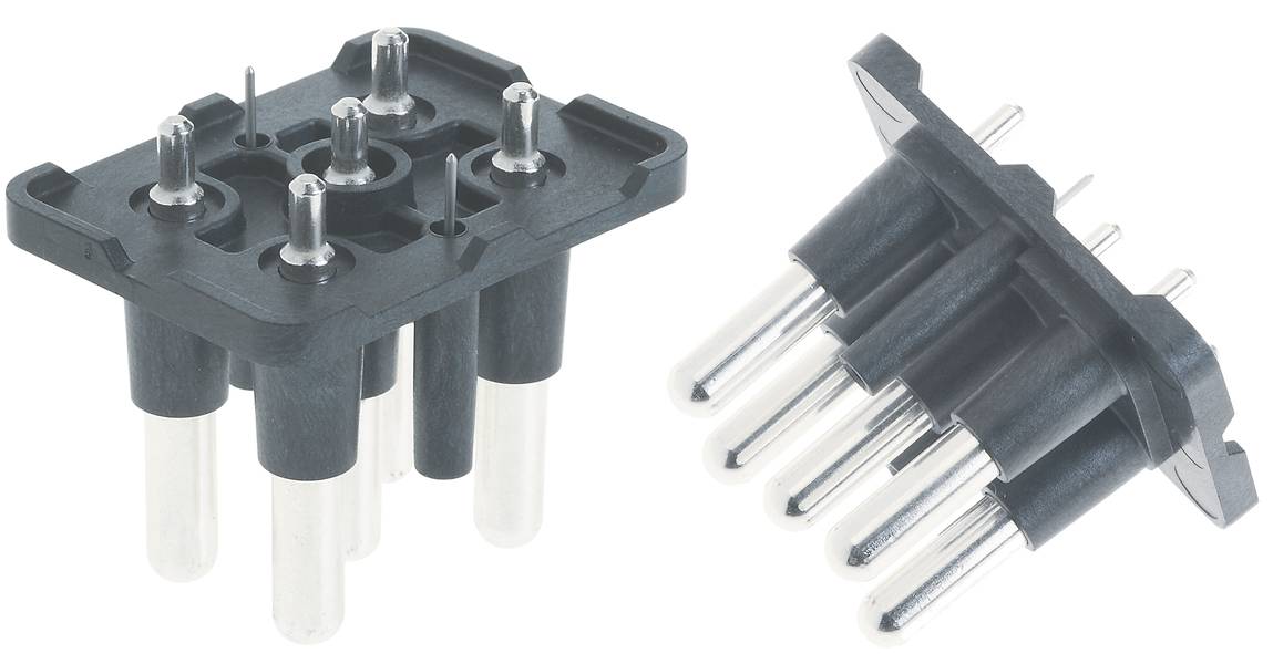 Deux fiches en plastique noir avec des broches métalliques montrent des éléments de connexion centraux pour des applications électriques.