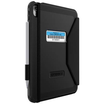 Une housse de protection noire pour tablette avec un support pour stylet et une étiquette d'entreprise 'Propriété de YOUR COMPANY INC. 010001' en bleu et blanc.