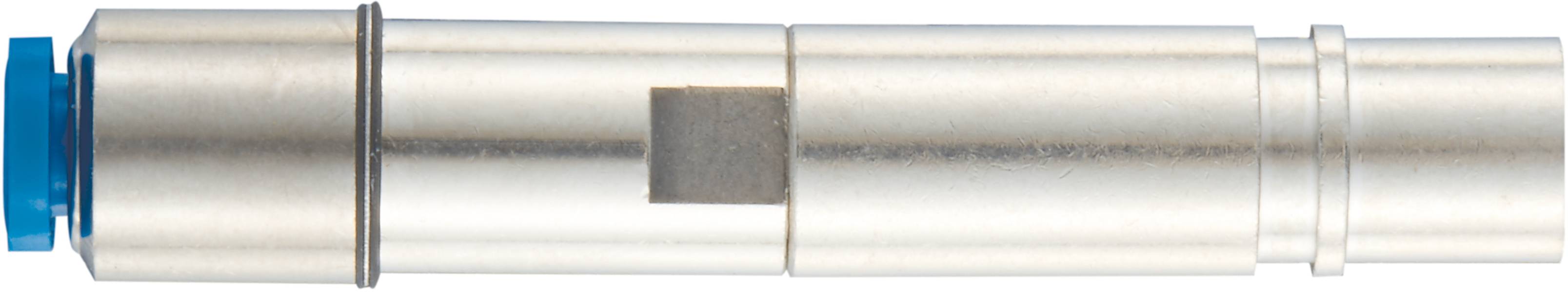 Adaptateur cylindrique métallique avec embout bleu et découpe rectangulaire sur le côté, probablement destiné à des usages techniques.