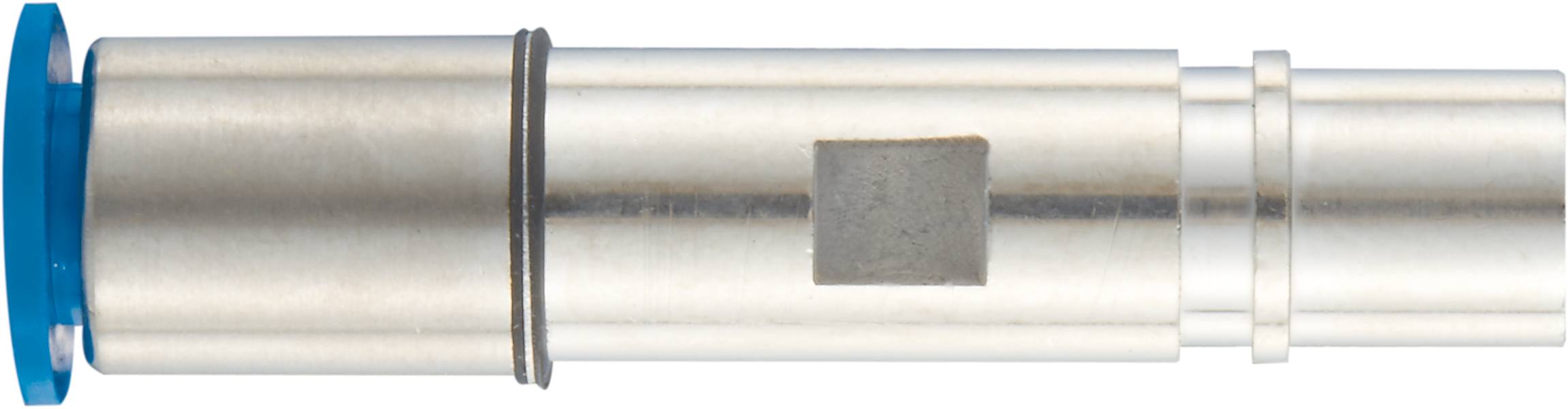 Cylindre métallique avec bordure bleue et joint en caoutchouc ; composant technique sans marquage ou identification visible.