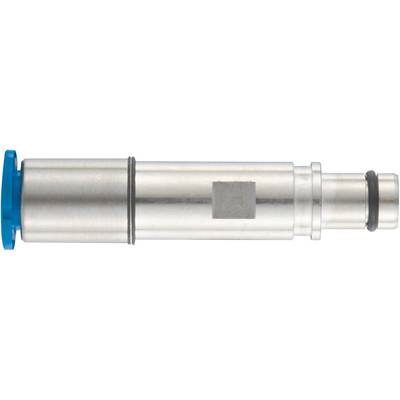 Une pièce cylindrique en métal argenté avec des joints d'étanchéité bleus et noirs, probablement une pièce de machine ou un composant.