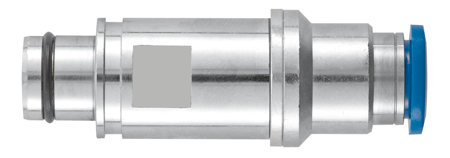 Couplage cylindrique métallique avec capuchon bleu, utilisé pour les systèmes pneumatiques.