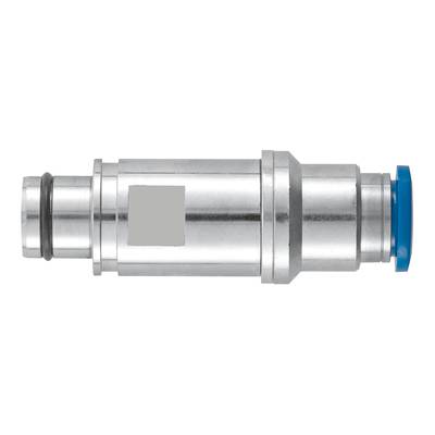 Couplage cylindrique métallique avec capuchon bleu, utilisé pour les systèmes pneumatiques.