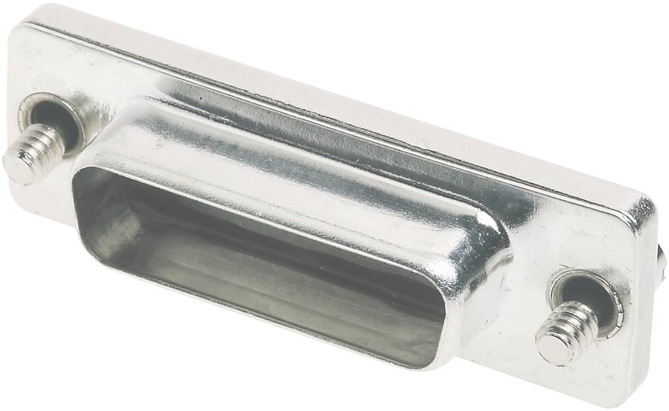 Équerre métallique avec ouverture rectangulaire et deux vis latérales. Couramment utilisée dans les meubles ou les applications industrielles.
