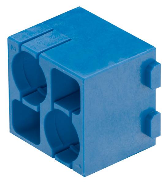 Bloc de construction en plastique bleu avec deux ouvertures rondes et des rainures latérales, compatible avec un système d'emboîtement ou un projet de construction.