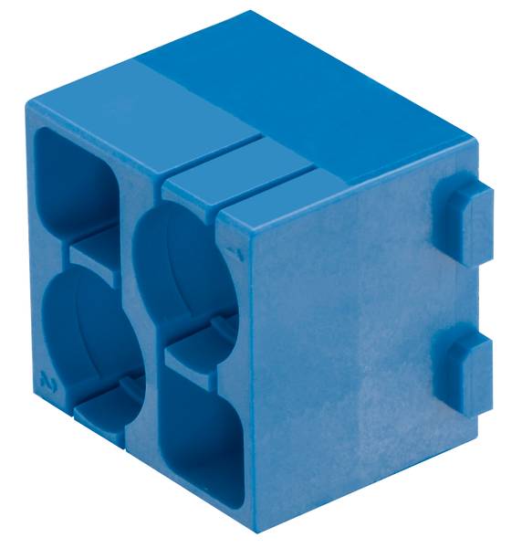 Bloc de construction en plastique bleu avec deux grands trous et des encoches latérales.