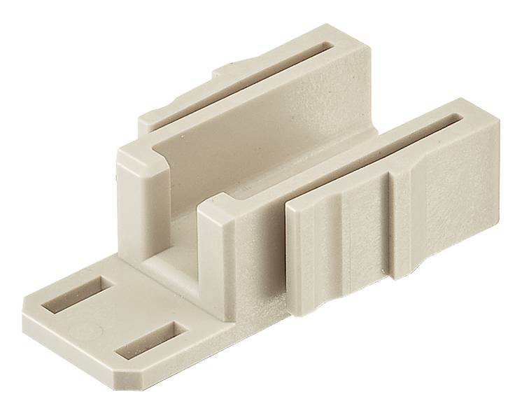 Support en plastique beige avec deux rainures, adapté pour une fixation sur des surfaces planes, présentant une structure simple et rectangulaire.