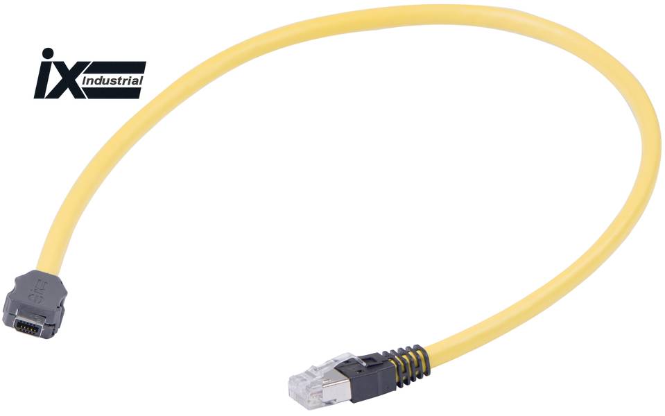 Câble jaune avec une fiche rectangulaire à gauche et une fiche RJ45 à droite. Logo de marque 'ix Industrial' en haut à gauche.