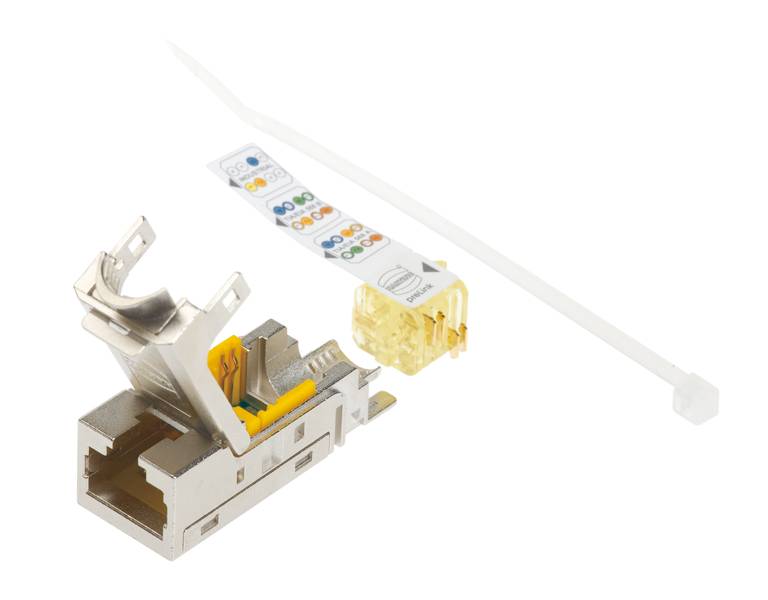 Connecteur modulaire RJ45 métallique, partiellement ouvert, avec codage couleur pour la connexion de câble et un serre-câble à côté.