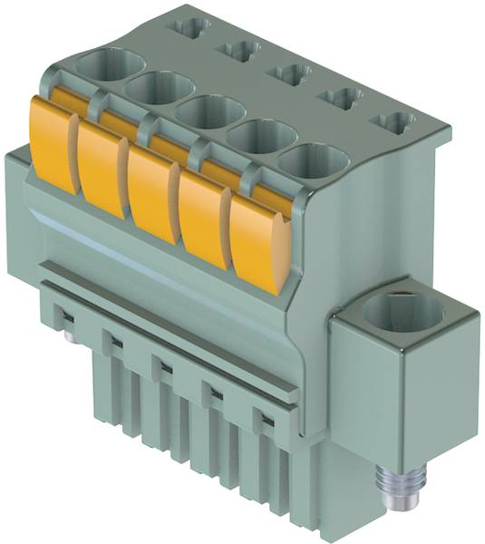 Connecteur vert à six pôles avec fixation par vis et bornes jaunes. Utilisé pour les connexions électriques dans les appareils.