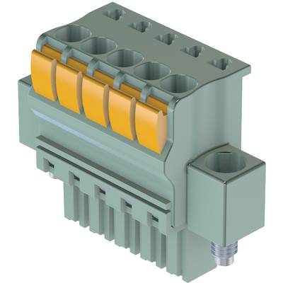 Connecteur vert à six pôles avec fixation par vis et bornes jaunes. Utilisé pour les connexions électriques dans les appareils.