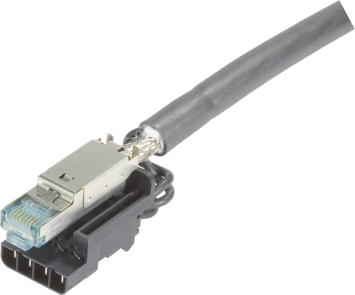 Un câble réseau avec connexion par fiche, composé d'une fiche Ethernet blindée et d'un câble fin.