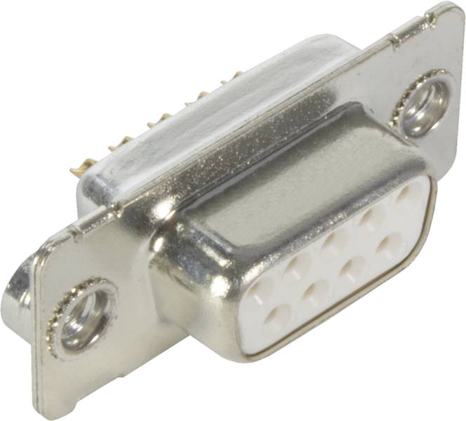 Connecteur DB9 avec boîtier métallique, neuf broches de contact, adapté aux connexions série dans les réseaux informatiques.