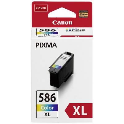 Cartouche d'encre Canon, modèle PIXMA 586XL couleur, présentée dans un emballage rouge et blanc, adaptée pour les impressions en couleur.