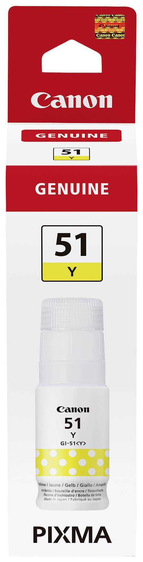 Illustration d'une bouteille d'encre Canon 51Y (jaune) de la série PIXMA pour imprimantes. L'emballage met en avant le produit 'Authentique'.