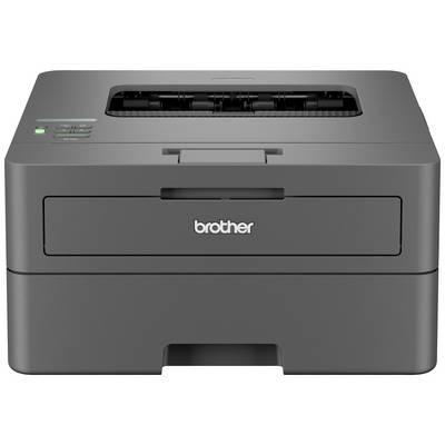 Un imprimante laser noir avec le logo 'Brother' sur le devant, doté d'un bac de sortie papier en haut et de boutons de commande sur la gauche.