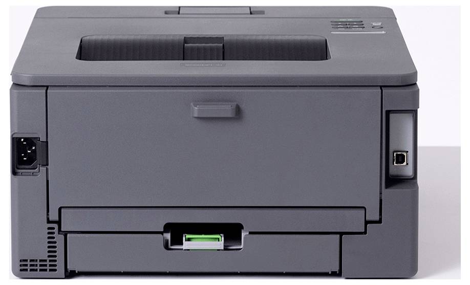 Imprimante laser grise avec bac de sortie papier en haut et commandes situées dans le coin supérieur droit ; équipement de bureau compact.