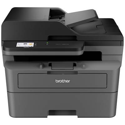 Un imprimante multifonction noir avec scanner et chargeur de documents. Le panneau de commande avec écran est visible sur la face avant.