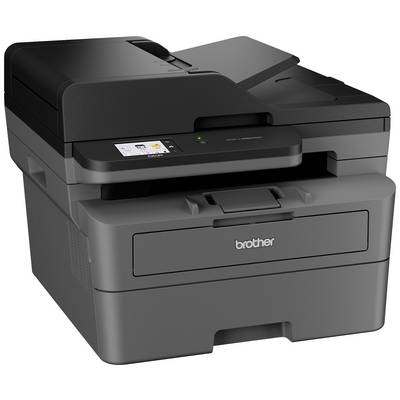 Un imprimante multifonction noir avec scanner intégré, panneau de commande avec écran et touches, adapté aux applications de bureau.