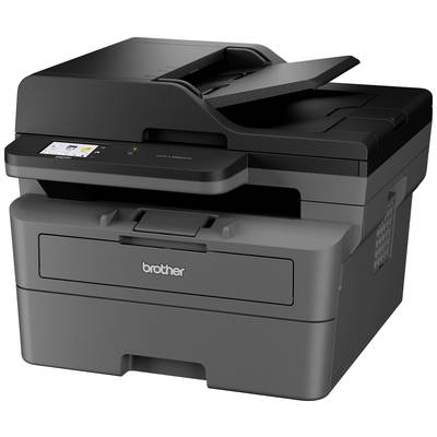 Un imprimante multifonction noir avec scanner et bac à papier à l'avant, la marque étant visible sur l'appareil.