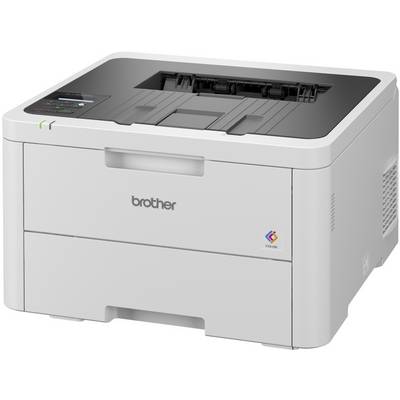 Un imprimante laser blanc avec un capot noir. 'Brother' est inscrit à l'avant. Un symbole coloré est visible en bas à droite. Les connexions électriques et réseau sont situées sur les côtés.