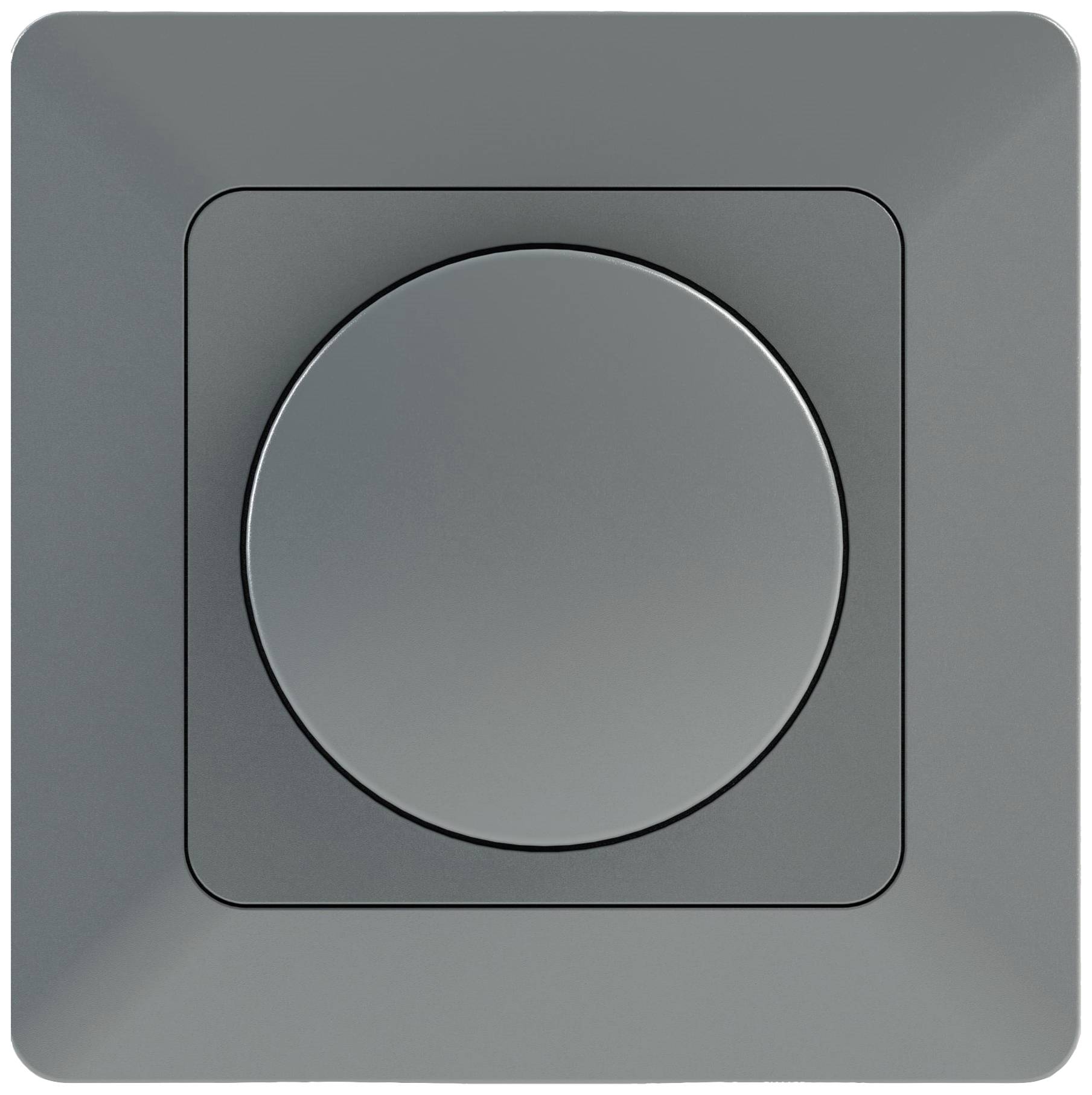 Un variateur de lumière rond de couleur gris métallique, installé dans un support carré.