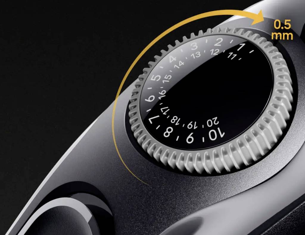 Roue tournante avec des numéros de 1 à 24, la flèche indique 0,5 mm.